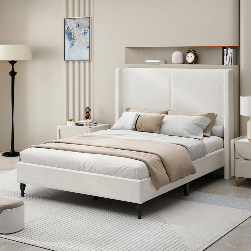 Queen Size Bed Frame With 55.5"High Back Upholstered Headboard,Boucle Fabric,12 Slat Support,Thickened Side Panels,Solid Wood Feet,No Box Spring Needed(White)