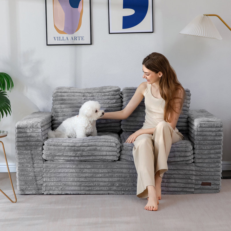 62" Compression Bean Bag Sofa Faux Fur Upholstered Loveseat Floor Sofa With Pillows, Loveseat, Gray