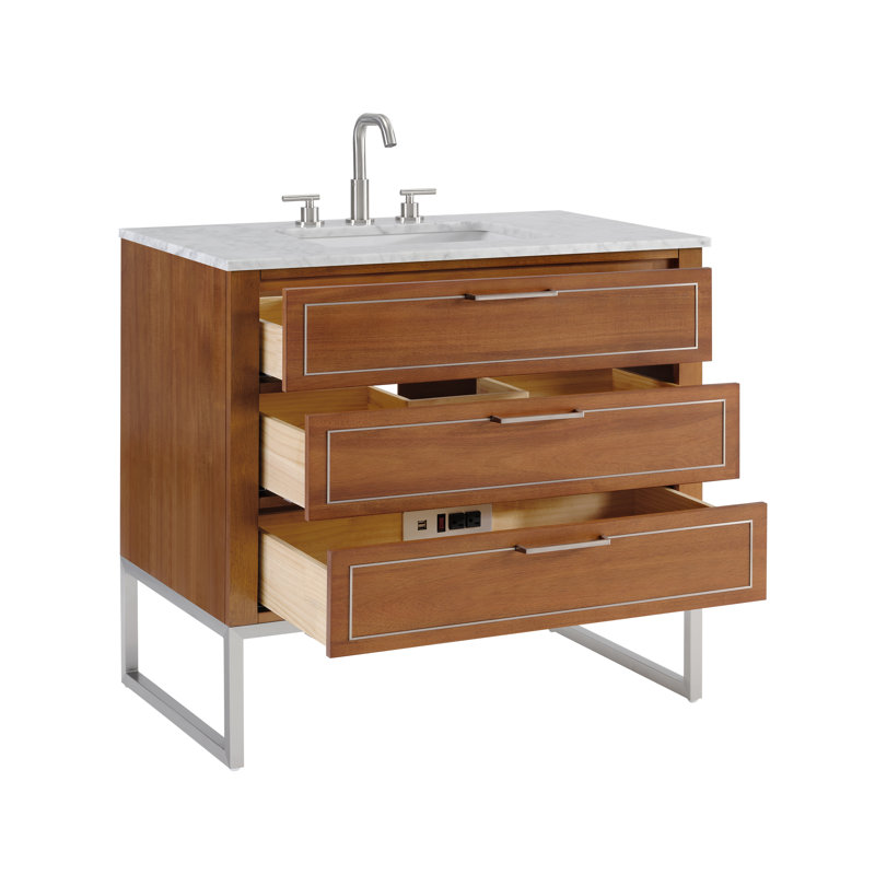 Markham 36'' W Single Vanity, Walnut, Carrara Marble, Brushed Nickel