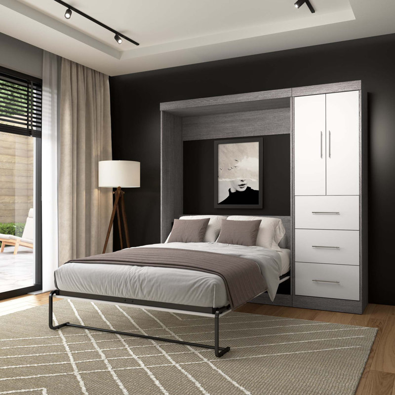 Lit escamotable avec rangement Velora, Gris écorce / blanc, Double