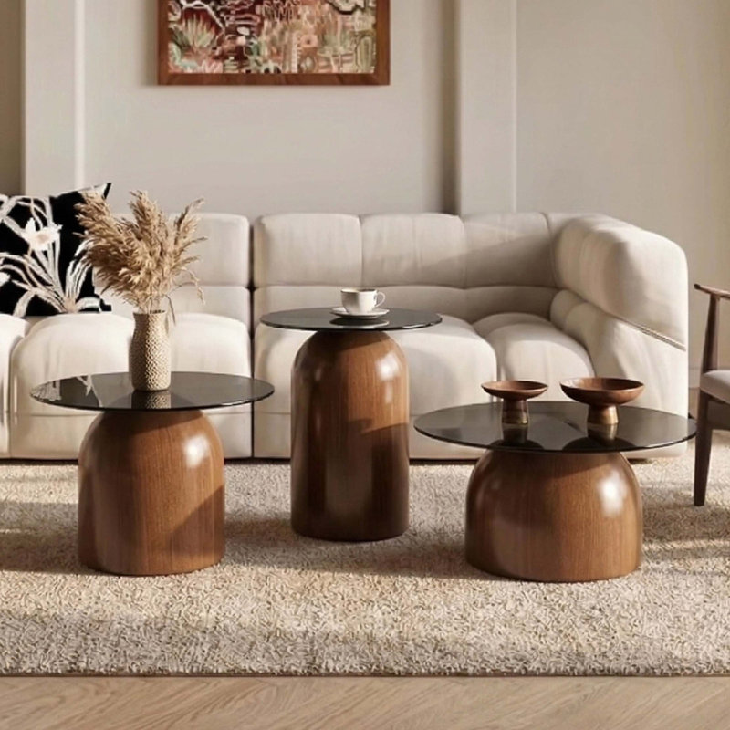 Ensemble de 3 tables basses gigognes avec plateau en verre et conception peu encombrante, Grey/Walnut