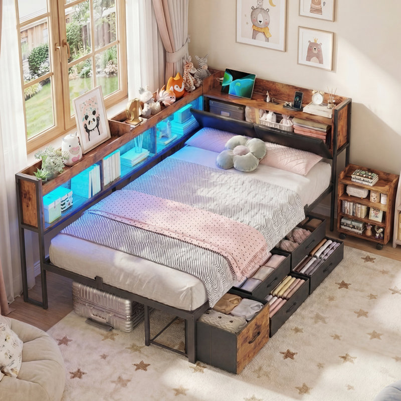 Lit de jour convertible simple rembourré avec rangement et bibliothèque avec armoire coulissante et tête de lit en L avec tiroirs et lit plateforme en métal