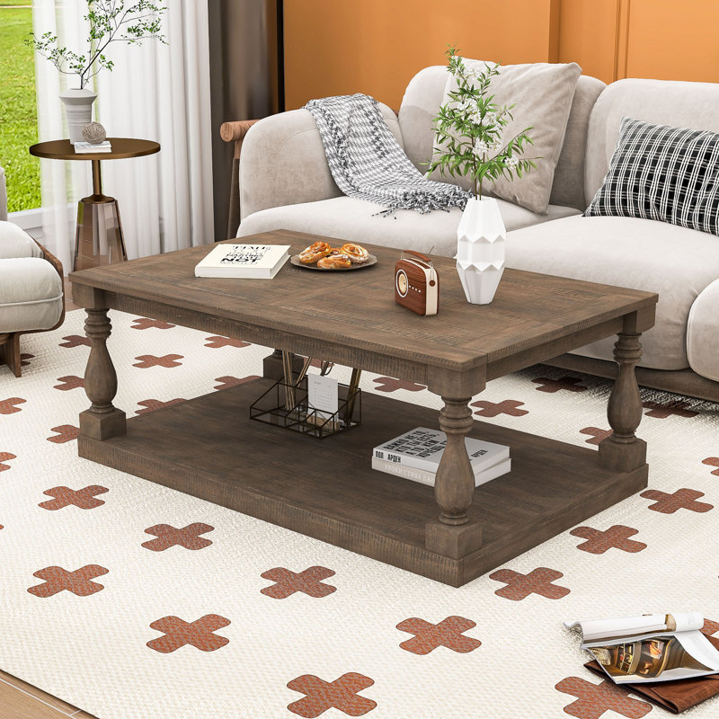 Table basse rétro avec pieds en colonne pour le salon, Brun