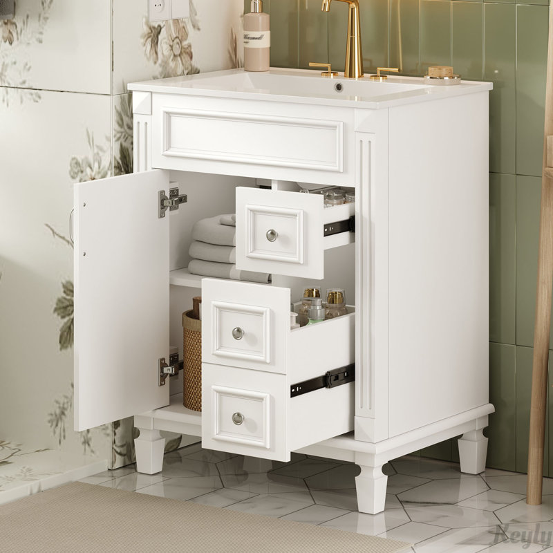 Meuble-lavabo 24 po avec lavabo en céramique, 2 tiroirs et tablette réglable, Argent argent, Blanc