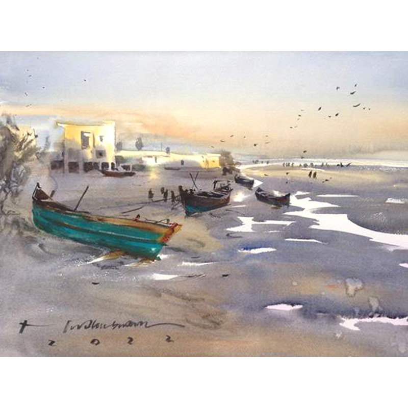 Bateaux sur le paysage de la plage | Peinture à l'aquarelle en vrac | Par Madhusudan Das