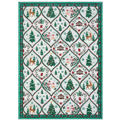 Area Rug 8x10 Christmas Rug Non Slip, Decorative Xmas Holiday Carpet with Santa & Reindeer Print, Soft Non Shedding Floor Covering, Indoor Low Pile Thin Mat for Living Room Office, Beige
