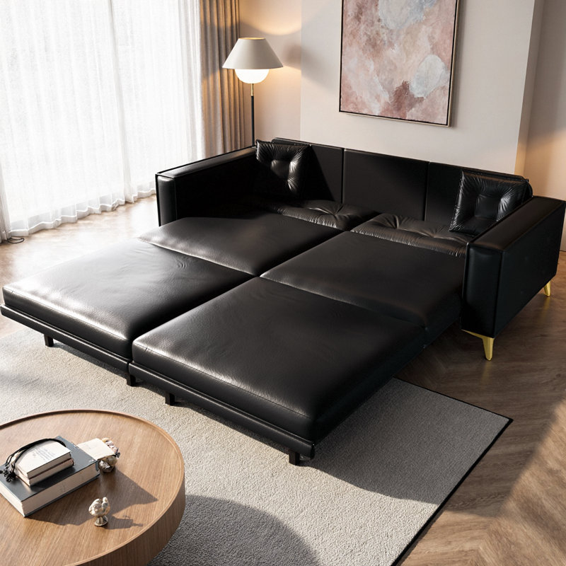 92.1" King Size Pull Out Sofa Bed, 3-in-1 Faux Leather Convertible Sleeper Sofa with Tufted Design, Ultra Wide Armrests & 2 Pillows, 4-Seater Modern Couch for Living Room, Apartment, Office