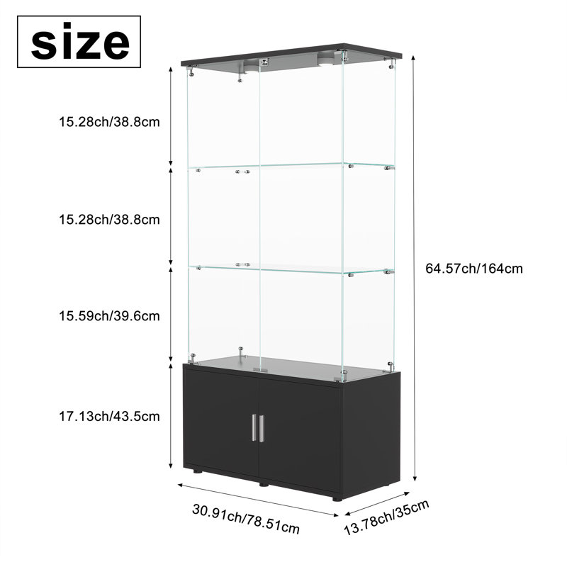3 Tier Glass Display Cabinet with Storage Cupboard & LED Push Light, Modern Metal Frame Showcase Unit for Living Room Bedroom Office, White
