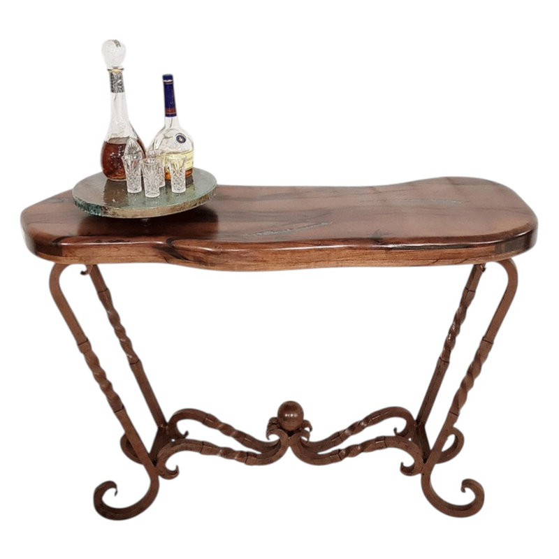 Freeform Mesquite Console Table: Handcrafted Rustic Entryway Table With Iron Base
