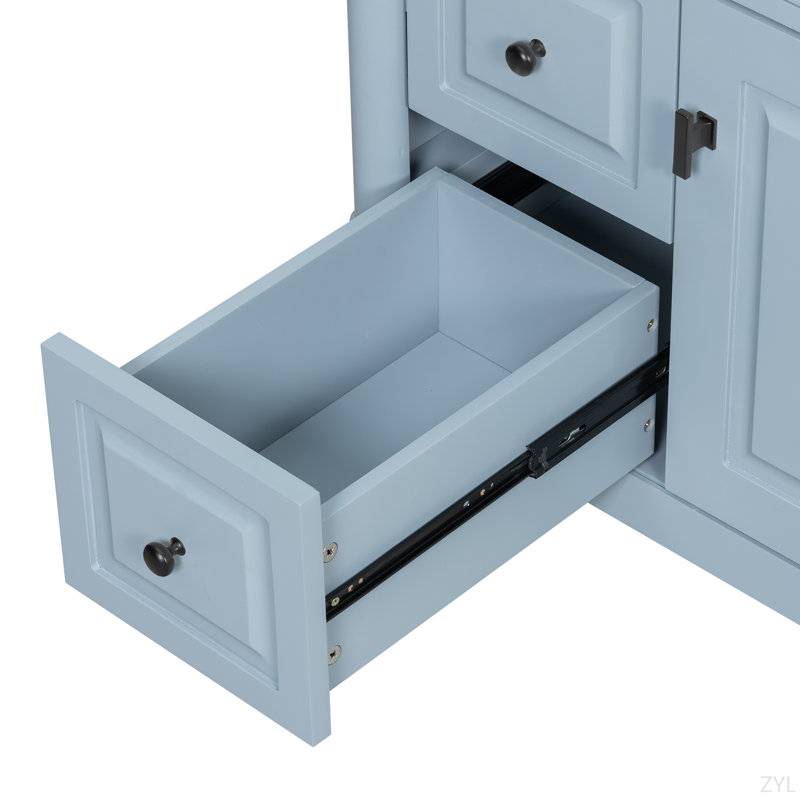 30" Bathroom Vanity With Sink, Grey Blue Freestanding Bathroom Cabinet With Flip Drawer & Adjustable Shelf, Solid Rubberwood Frame, MDF Panels & Metal Handles