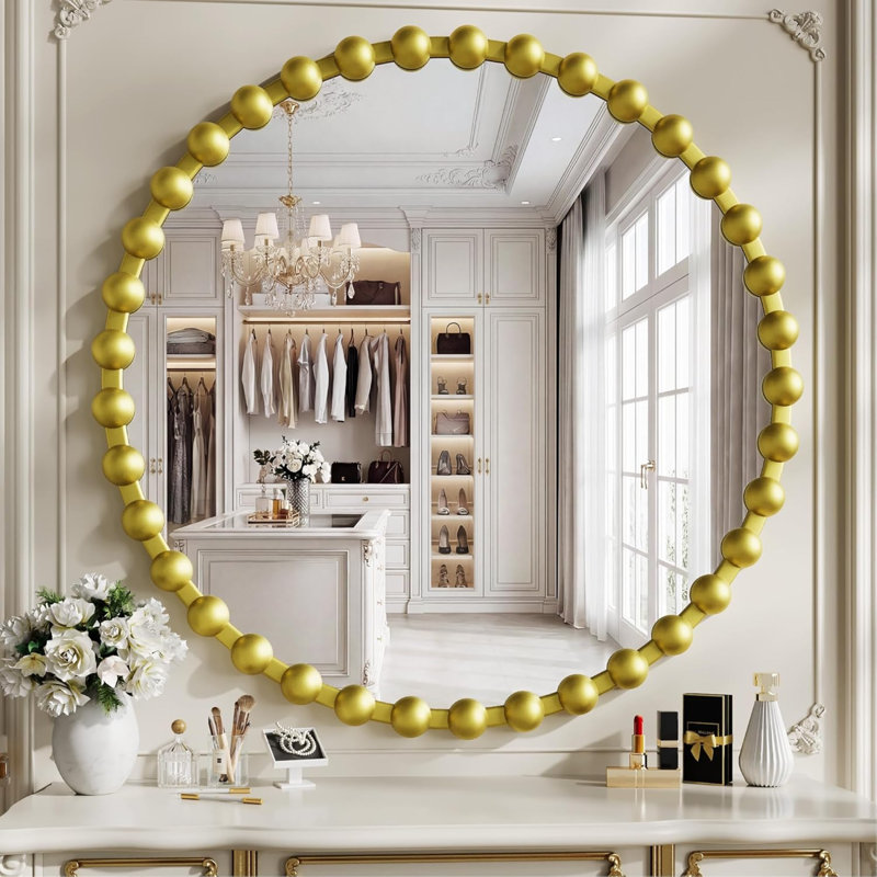 Miroir de meuble-lavabo rond pour mur, miroir circulaire à cadre perlé de 36 pouces pour salle de bain, commode de chambre à coucher, vestibule, salon, miroir mural décoratif suspendu, doré