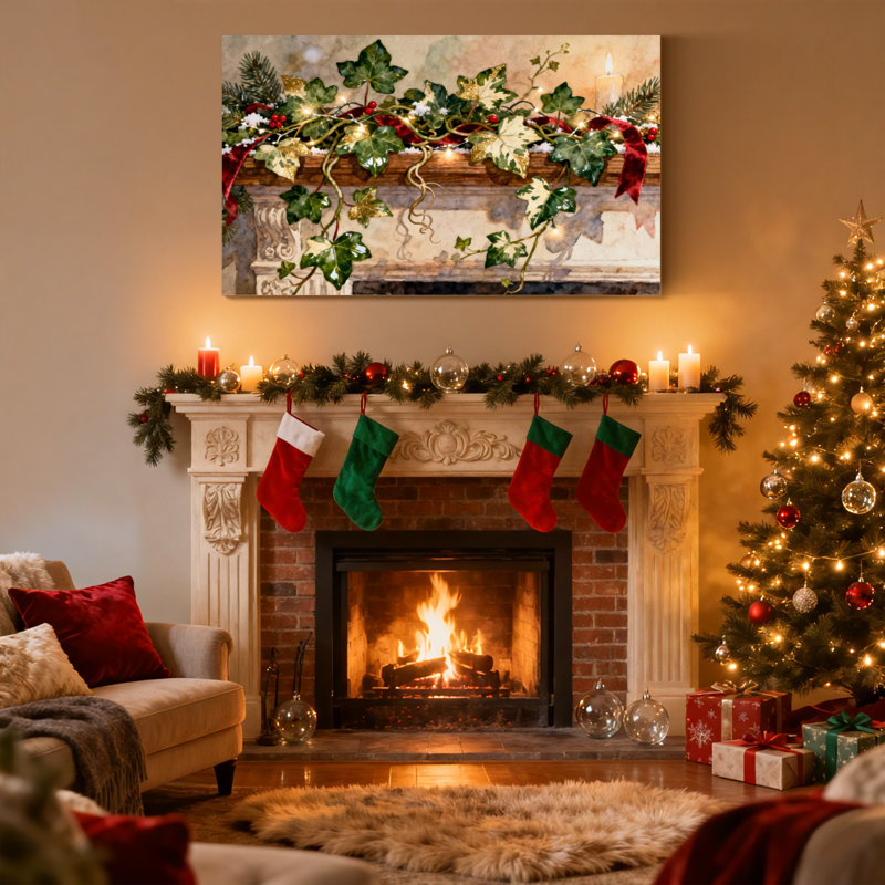 Guirlande de Noël avec lierre et lumières, ensemble de 3 impressions sur toile, H 16 po x l 24 po
