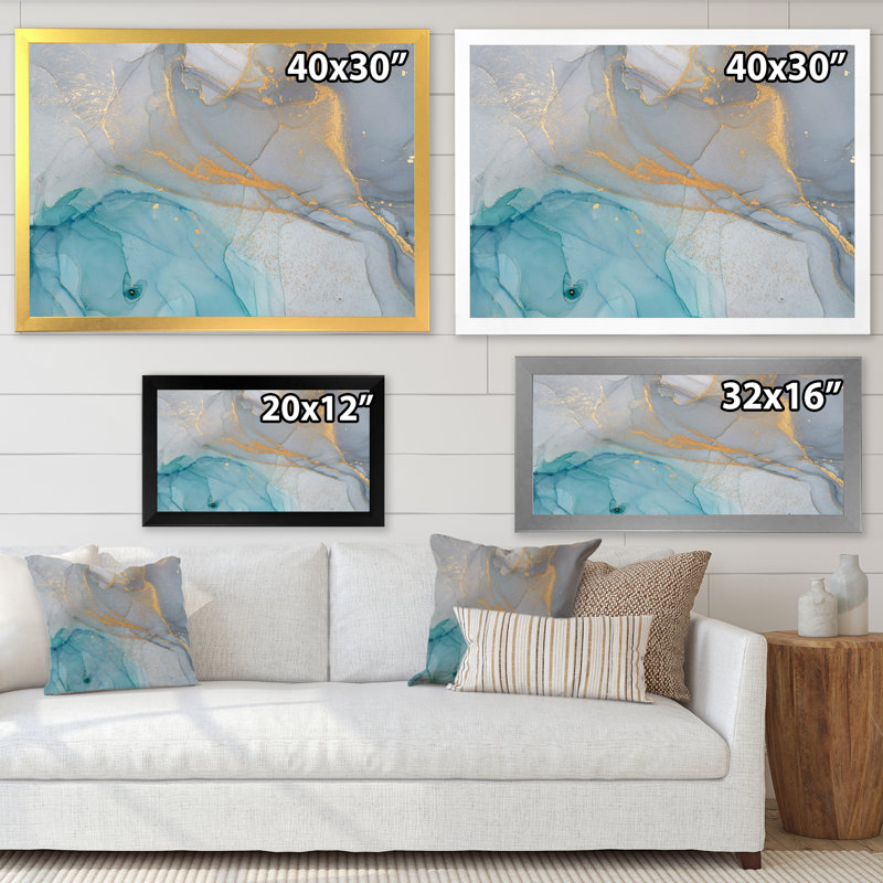 Encre liquide turquoise et bleue - Peinture sur toile, H 30 po x l 40 po, Impression encadrée, Blanc