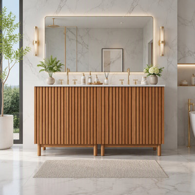 Ensemble de meuble-lavabo avec lavabo en céramique, style américain traditionnel, pieds en bois, structure en MDF, portes à fermeture amortie, étagère réglable en forme de U