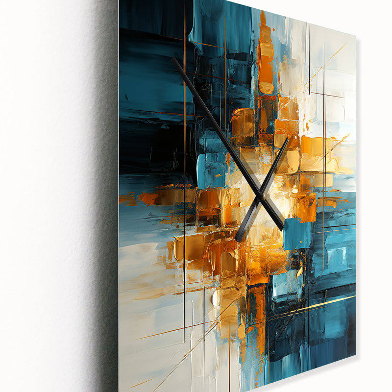 Horloge murale abstraite à motif fractal abstrait bleu sarcelle doré, H 28 po x l 12 po x P 1 po