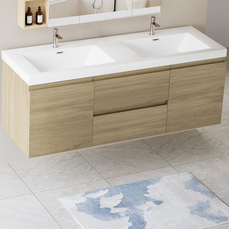 Carol-Ann 59'' Fully Assembled Wall Mounted Double Bathroom Vanity with Stone Resin Vanity Top, Natural Oak, White