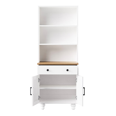 Armoire de style blanc, 3 tablettes de rangement ouvertes, tiroir, tablette réglable, pieds en bois massif, pour le salon, la cuisine, l'armoire avec poignées noires