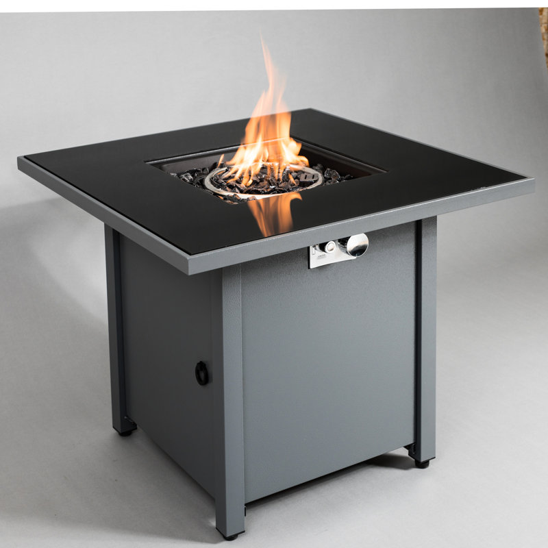 30" W Steel Outdoor Fire Pit Table 25" H, Gray Modern Look, Push Button Ignition System, Smoked Glass Heat Top, Propane/natural Gas, All Exterior Useable H Desk W, Style, Ignition, Year-round Suitable