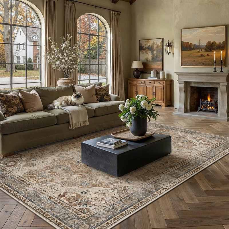 Eleanor Vintage Oriental Washable Area Rug With Non-Slip Backing, Rectangle 9' x 12', Brown