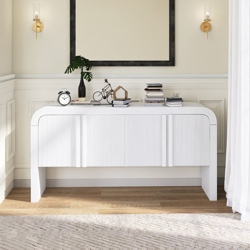 63" W Wood Wave-Pattern Storage Cabinet With Adjustable Shelf, White