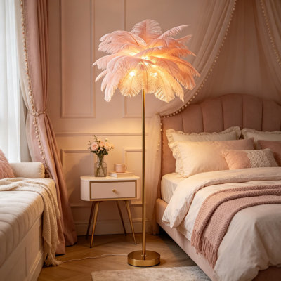 Natural Ostrich Feather Floor Lamp With 3-Way Color Temperature, Modern Standing Lamp For Bedroom And Living Room Decor, Golden Finish With G4 LED Bulb