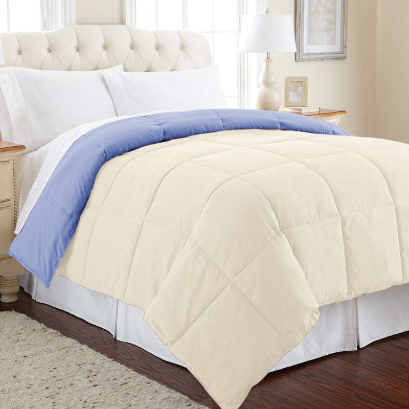 Queen Blue and Cream Microfiber Reversible Down Alternative Comforter Set