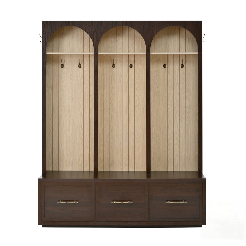 Farmhouse Wooden Style Hall Tree With Arched Design, Elegant Entryway Bench, Rustic Coat Rack & Shoe Organizer, Brown