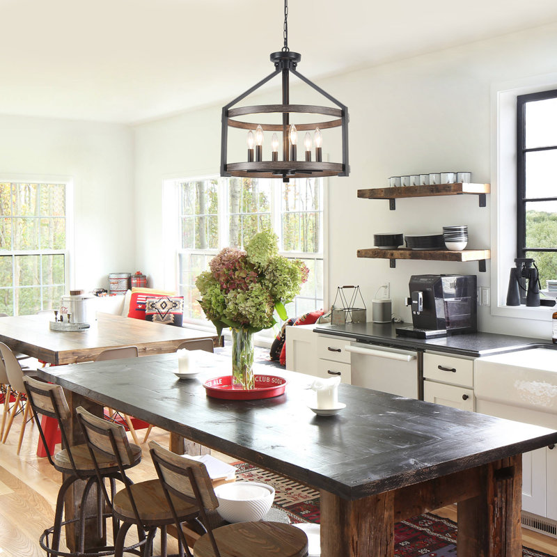 6- Light 23.1" Dimmable Farmhouse Round Cage Chandelier, Black/Wood Grain