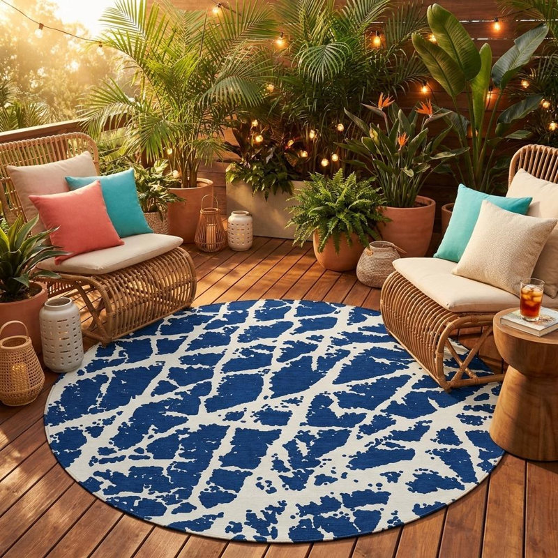 Tapis d'intérieur rond lavable abstrait bleu et blanc 8 pi HomeRoots