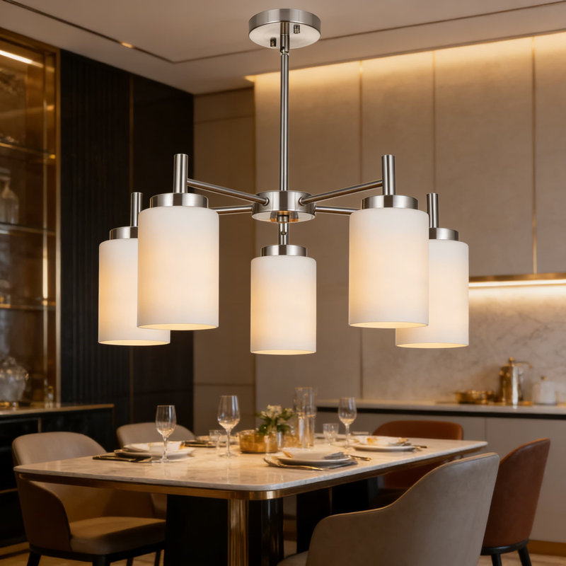 Lustre moderne à 5 lumières avec abat-jour en verre blanc opale, luminaire suspendu réglable pour îlot de cuisine, salle à manger et décor de maison de campagne