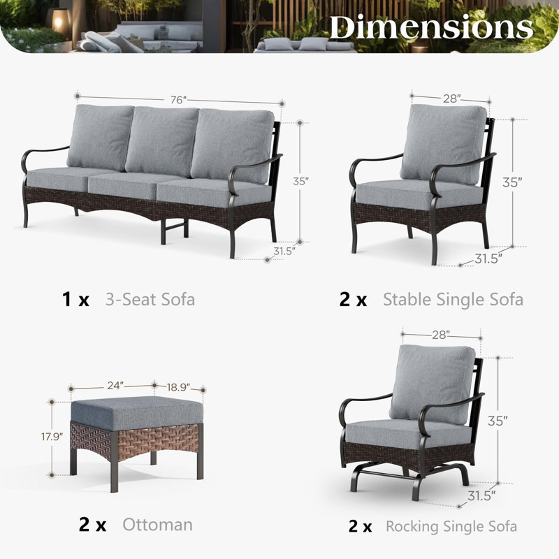 7 - Person Outdoor Seating Group With Rocking Lounge Chairs & Optional Fire Pit Table, No, Gray