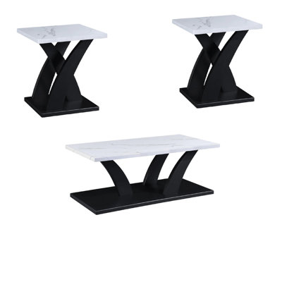 Zen 3Pc Coffee And End Table Set, White Faux Marble, Black Legs by Benjara