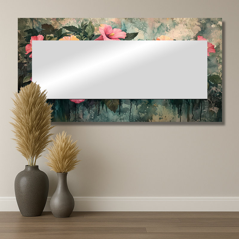 Fleurs d'hibiscus en harmonie tropicale I - Art mural miroir floral - imprimé sur métal, 28 po x 55 po