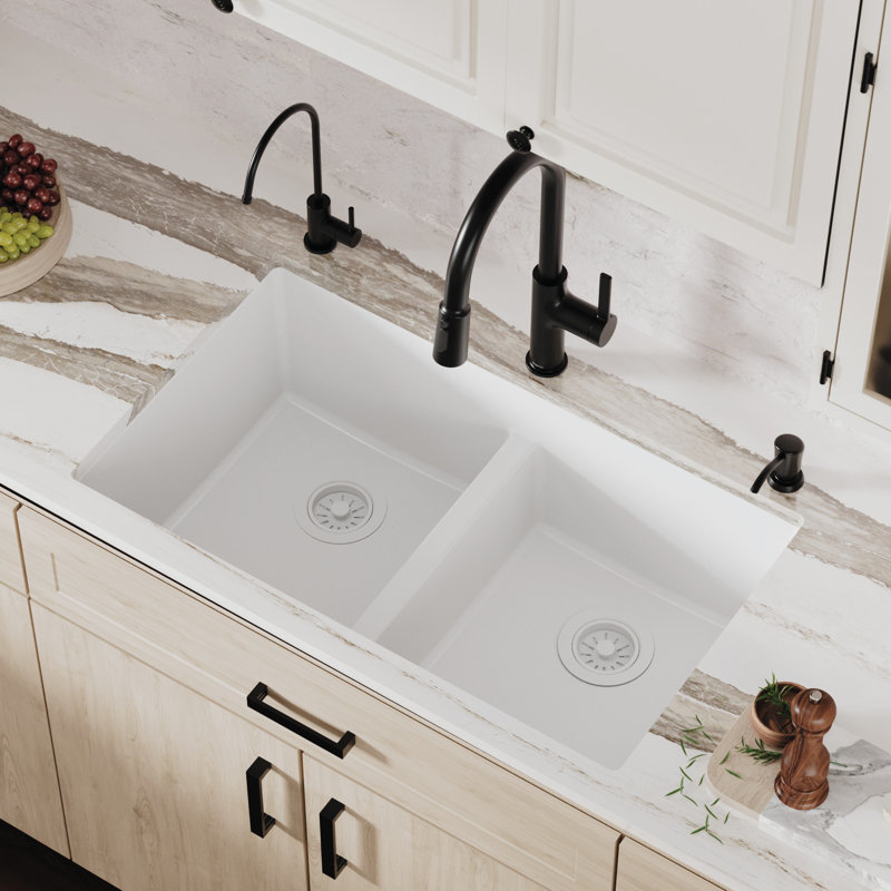 Karran Quartz 32'' X 19-1/2'' 50/50 Double Bowl Composite Undermount Kitchen Sink, White