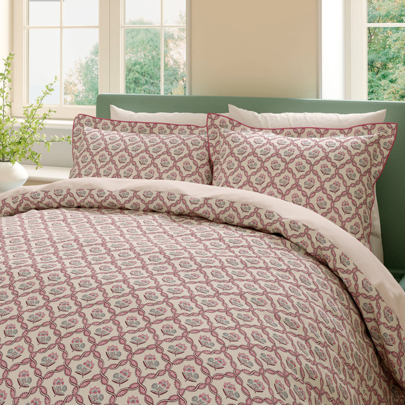Ribbon Lattice Cotton Floral Duvet Cover Set, Super King Duvet Cover + 2 Pillowcases