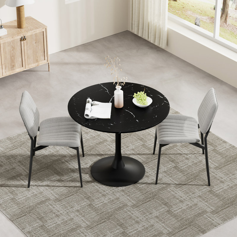 Modern Round 3 Piece Dining Room Table and Chairs Set, Black, Gray