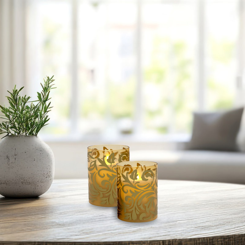 Gold Jacquard Battery Operated Glass LED Candles