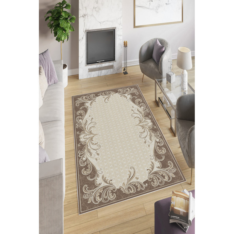 Eco-Friendly Cream Carpet, 5.2 x 7.5 Feet | 100% Polyester, 650 g/m² | Antibacterial, Digital Printed, Non-Slip PVC Dot Underside | Machine Washable, 4 mm Pile Height | Perfect for Living Room & Bedroom Decor