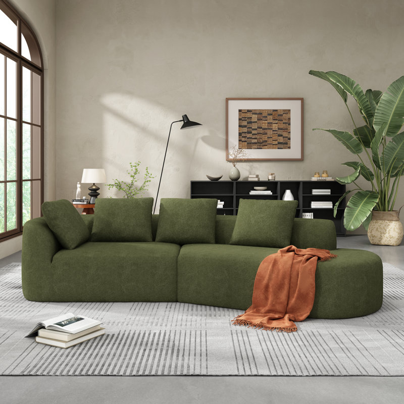 Canapé modulaire incurvé 116 po 2 pièces en chenille de 116 po avec 4 coussins, Chenille verte, H 24 po x l 36 po x L 116 po