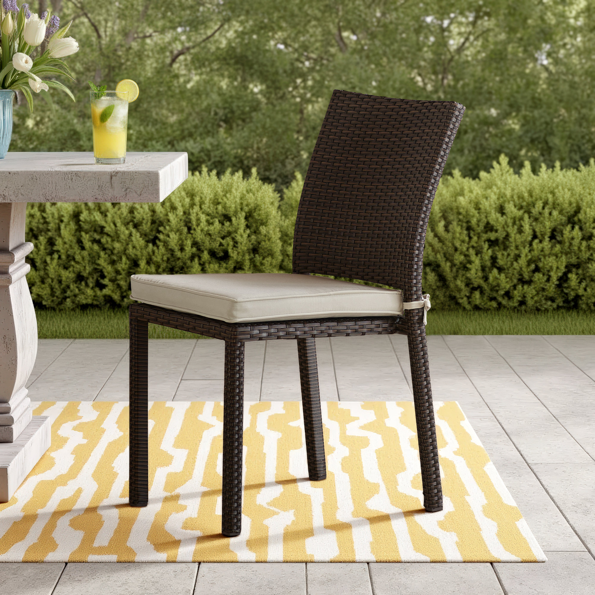 Alyisa Premium All-Weather Wicker Outdoor Stacking with Cushion, Brown, White Performance