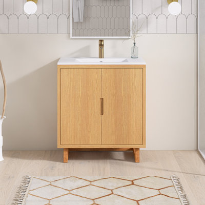 30 po Meuble-lavabo autoportant en bois massif avec plateau en résine blanche assemblé