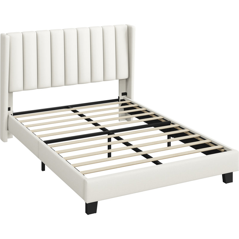 Upholstered Bed Frame with Channel Tufted Headboard, Double (4'6), Linen Fabric/Beige