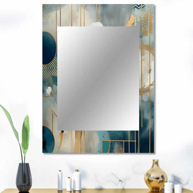 Golden Blue Mosaic Floral Design III - miroir décoratif floral, grand miroir mural traditionnel, impression d'art en métal