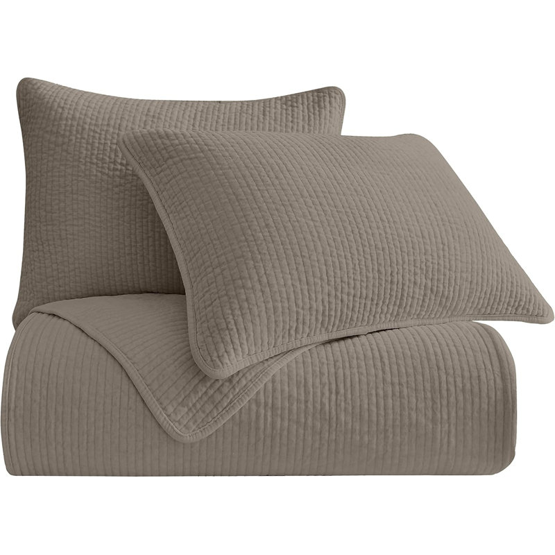 Stonewashed Cotton Velvet Modern Rustic Quilt Set, Taupe, Twin Quilt + 1 Standard Sham