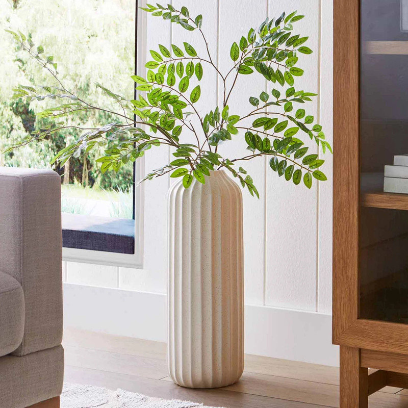 22"H Fluted White Speckle Ceramic Floor Vase