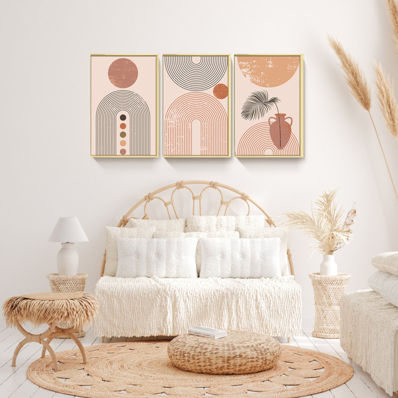 "Boho Style", art mural encadré en aluminium - Ensemble de 3 reproductions d'art sur toile encadrées 9, Doré
