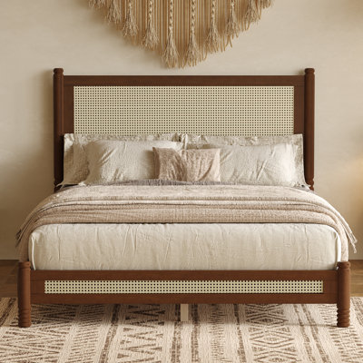 Full Size Rattan Platform Bed with Woven Cane Headboard & Footboard, Wood Frame, Turned Legs, No Box Spring, Walnut