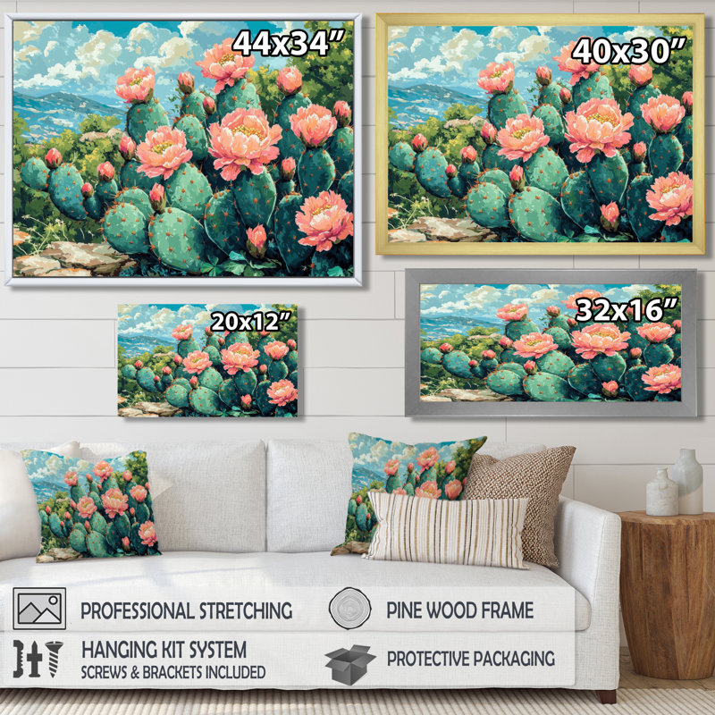 Cactus Garden In Bloom II - cactus, art mural, H 12 po x l 20 po, Cadre flottant, Blanc