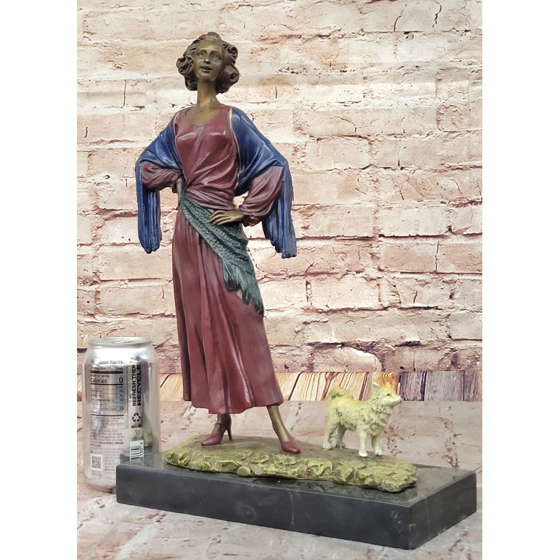 Sculpture rétro de femme espagnole avec chien en bronze aux couleurs vives - Art déco Erte