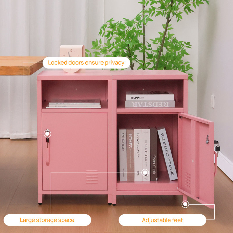 Katarra 26'' Tall Metal Nightstand Storage Cabinets With Lock, Pink